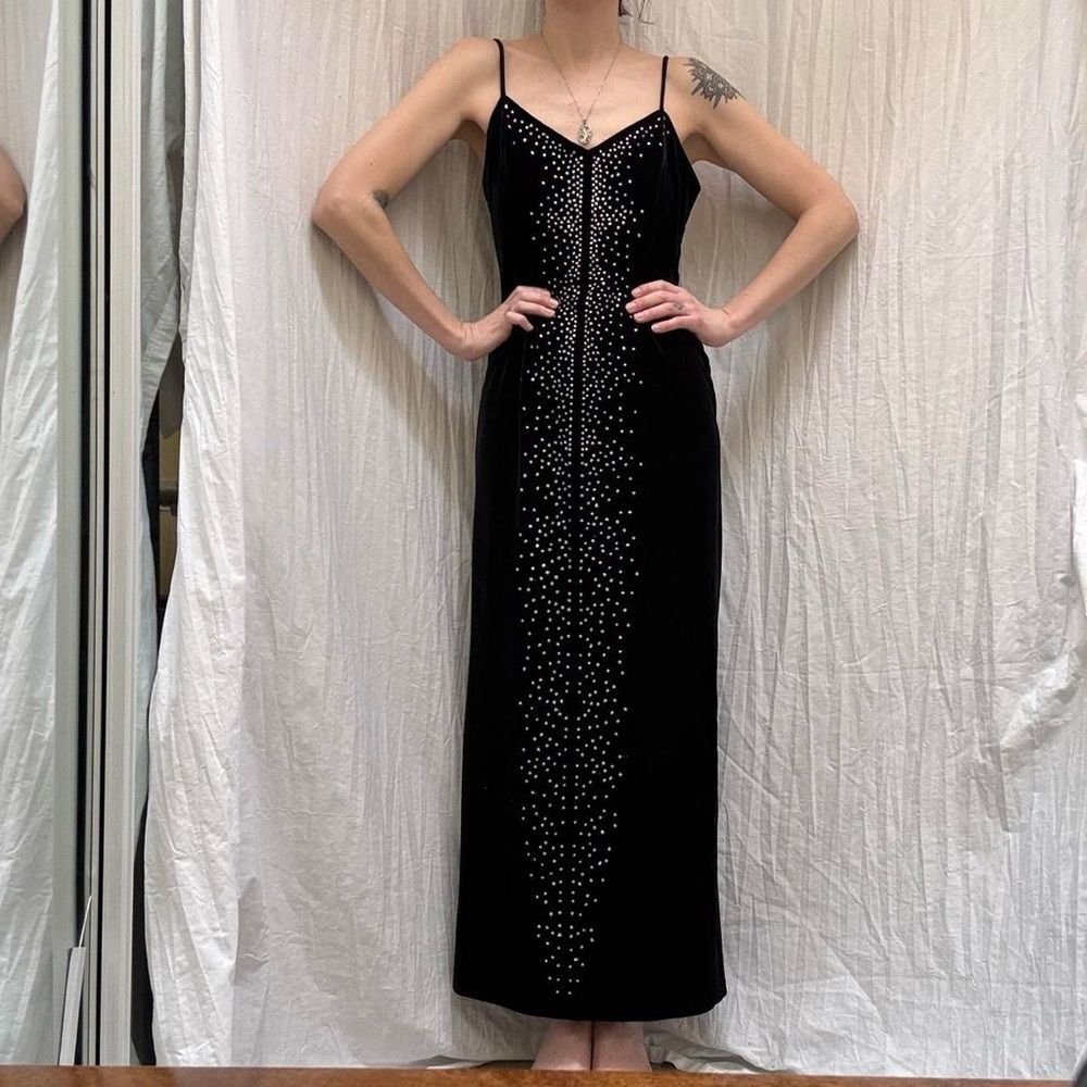 Black Velvet Slip Dress with Front Crystal Detailing